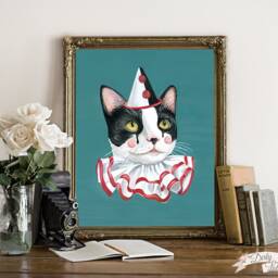 Madame Poulet Art Print - Painting Cat Sad Clown Vintage Inspired Original Artwork - thumbnail 3
