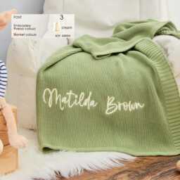 Embroidered Organic Cotton Knit Baby Blanket, Personalized Newborn Gift, Custom Name Heirloom Throw - thumbnail 4