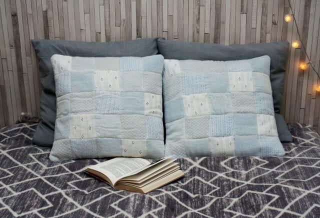 Patchwork Pillow Covers - Set Of 2 Handmade Reused Jersey Cushions - image 1