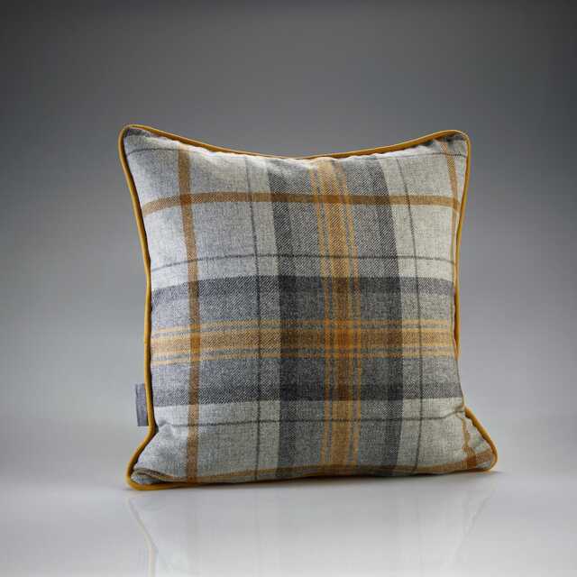 Grey Check Shetland Wool Cushion - & Mustard Tartan With Velvet Reverse Feather Filled Made in England - image 1