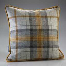 Grey Check Shetland Wool Cushion - & Mustard Tartan With Velvet Reverse Feather Filled Made in England - thumbnail 2