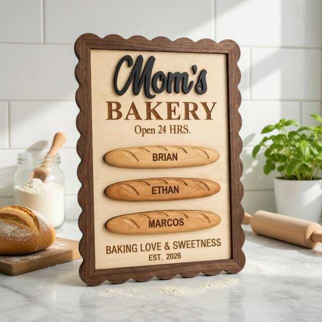 Personalized Mom's Bakery Wooden Sign, Custom Wood Kitchen Decor, Mother's Day Gift, Family Name Bread Rustic Wall Art - image 1