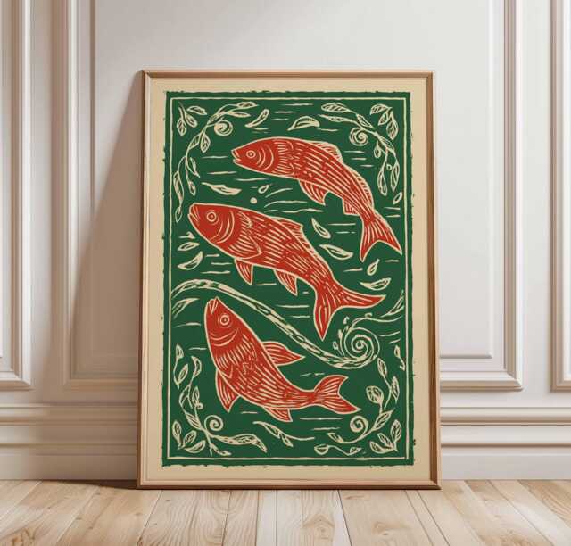 Folk Art Fish Print, Rustic Nautical Cottagecore Decor