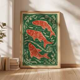 Folk Art Fish Print, Rustic Nautical Cottagecore Decor - thumbnail 3