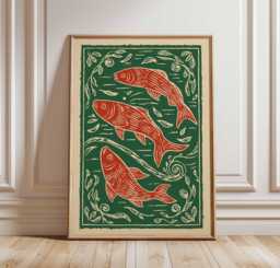 Folk Art Fish Print, Rustic Nautical Cottagecore Decor - thumbnail 1