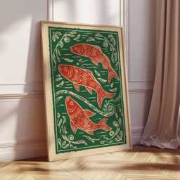 Folk Art Fish Print, Rustic Nautical Cottagecore Decor - thumbnail 4