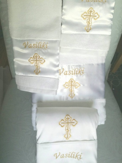 Personalized Baptism Towels & Oil Sheet For Greek Orthodox Baptism, Bath Towel, Embroidered Gold - image 1