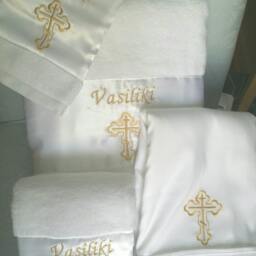 Personalized Baptism Towels & Oil Sheet For Greek Orthodox Baptism, Bath Towel, Embroidered Gold - thumbnail 4