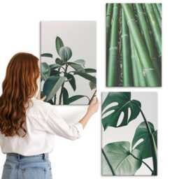 Canvas Art Set Of 3 - Bamboo Stems Houseplant & Monstera Leaves, Green Wall Art, Plants Flowers Hanging Piece - thumbnail 3