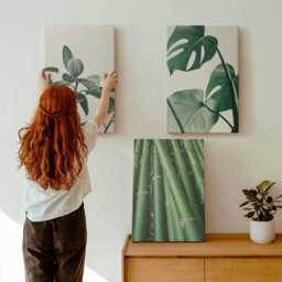 Canvas Art Set Of 3 - Bamboo Stems Houseplant & Monstera Leaves, Green Wall Art, Plants Flowers Hanging Piece