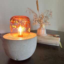 Pink Wildflowers Small Glass Cloche Lamp - Hand Painted Botanical Sculpture Concrete Collectible - thumbnail 2