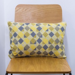 Harlequin Tapestry Boudoir Cushion. Ochre Yellow & Charcoal Grey Geometric Triangle Design. 17x12
