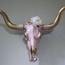 Hand-Painted Faux Bull Skull Wall Mount Pink & Gold Western Decor - thumbnail 2