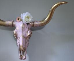 Hand-Painted Faux Bull Skull Wall Mount Pink & Gold Western Decor - thumbnail 1