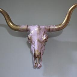 Hand-Painted Faux Bull Skull Wall Mount Pink & Gold Western Decor - thumbnail 4