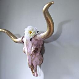 Hand-Painted Faux Bull Skull Wall Mount Pink & Gold Western Decor - thumbnail 3