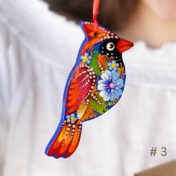 Painted Wooden Bird Christmas Ornament, Handmade Cardinal Red & Blue Ukrainian Ornament With Petrykivka Painting - thumbnail 3