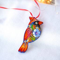 Painted Wooden Bird Christmas Ornament, Handmade Cardinal Red & Blue Ukrainian Ornament With Petrykivka Painting