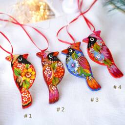 Painted Wooden Bird Christmas Ornament, Handmade Cardinal Red & Blue Ukrainian Ornament With Petrykivka Painting - thumbnail 4
