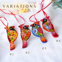 Painted Wooden Bird Christmas Ornament, Handmade Cardinal Red & Blue Ukrainian Ornament With Petrykivka Painting - thumbnail 2