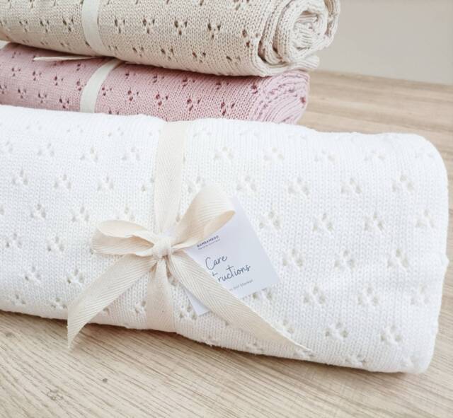 Personalized White Knit Baby Blanket, Cotton Pointelle Heirloom Blanket - image 1