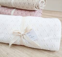 Personalized White Knit Baby Blanket, Cotton Pointelle Heirloom Blanket