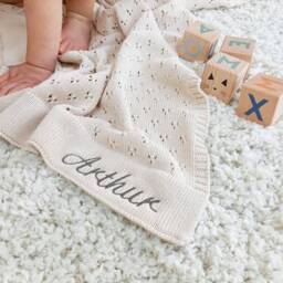 Personalized White Knit Baby Blanket, Cotton Pointelle Heirloom Blanket - thumbnail 2