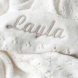 Personalized White Knit Baby Blanket, Cotton Pointelle Heirloom Blanket - thumbnail 3