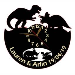Wall Clock Dinosaur Battle Wood Non-Ticking 12-18Inch, Dino, Tyrannosaurus, Triceratops, T-Rex, Baby Room Large - thumbnail 2