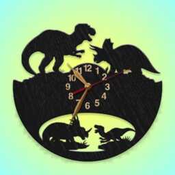 Wall Clock Dinosaur Battle Wood Non-Ticking 12-18Inch, Dino, Tyrannosaurus, Triceratops, T-Rex, Baby Room Large - thumbnail 1