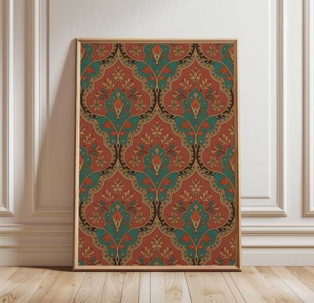Vintage Floral Pattern Poster - Ornamental Wall Art Teal Terracotta Print - image 1