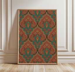 Vintage Floral Pattern Poster - Ornamental Wall Art Teal Terracotta Print - thumbnail 1