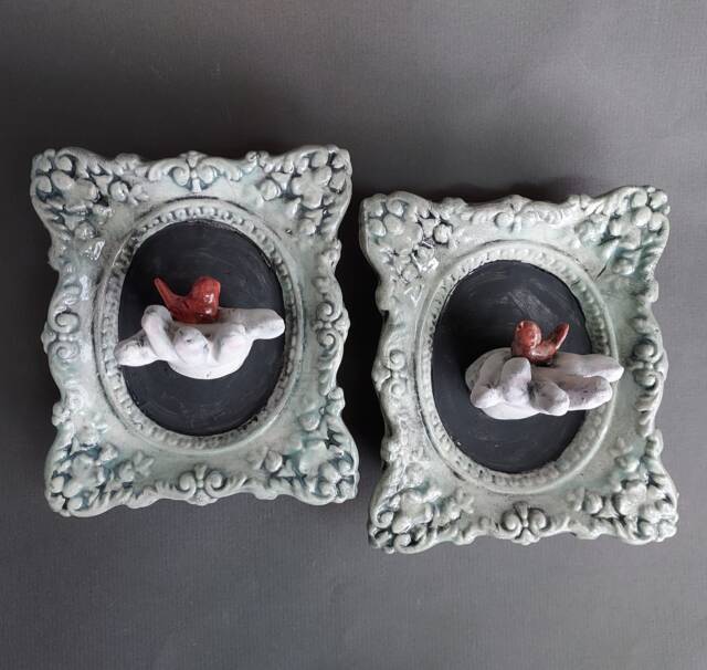 Ceramic Doll Hand Wall Art Red Bird Sculpture in Celadon Frame - image 1