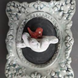 Ceramic Doll Hand Wall Art Red Bird Sculpture in Celadon Frame - thumbnail 2