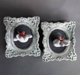 Ceramic Doll Hand Wall Art Red Bird Sculpture in Celadon Frame