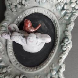 Ceramic Doll Hand Wall Art Red Bird Sculpture in Celadon Frame - thumbnail 3