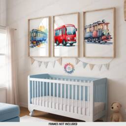 Transport Nursery Wall Art - Set Of 3 Watercolour Posters - Boys Bedroom Artwork Girls Prints Decor Kids Train, Bus, Tram Vehicle - thumbnail 1