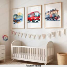 Transport Nursery Wall Art - Set Of 3 Watercolour Posters - Boys Bedroom Artwork Girls Prints Decor Kids Train, Bus, Tram Vehicle - thumbnail 2