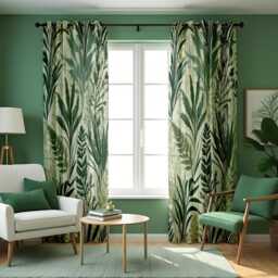 Green Botanical Curtains, Tropical Leaf Print Drapes, Nature Inspired Window Panels For Living Room & Bedroom