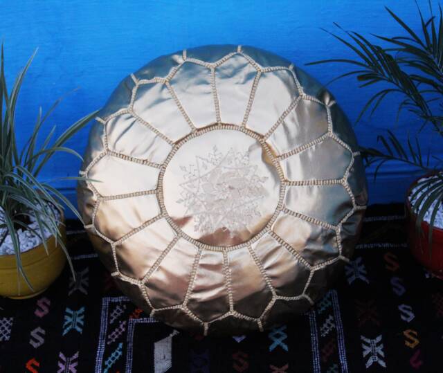 Handmade Gold Faux Leather Moroccan Pouf Ottoman Footstool - image 1