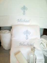 Personalized Baptism Towel & Oil Sheet For Greek Orthodox Baptism, Bath Towel, Embroidered, Soap Bottle - thumbnail 1