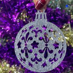 Wooden Pretty Christmas Bauble Tree Decoration - Xmas Ornament in Oak, Walnut Cherry Wood -Or- Silver, Gold, Red, Green Glitter - thumbnail 3