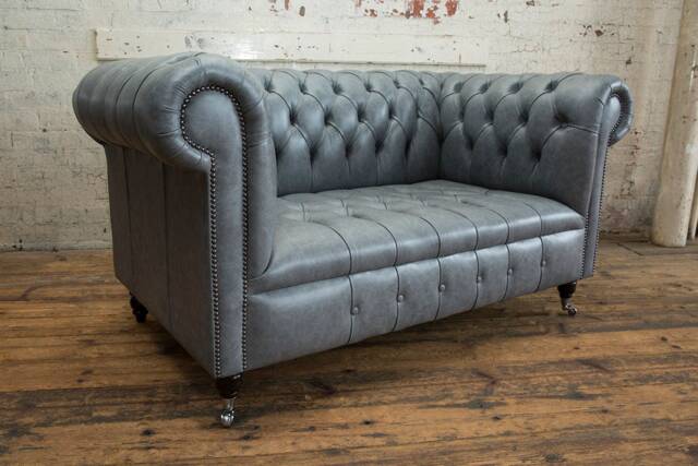 Vintage Grey Leather 2 Seater Chesterfield Sofa, British Handmade - image 1