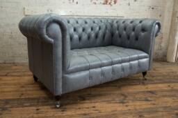Vintage Grey Leather 2 Seater Chesterfield Sofa, British Handmade - thumbnail 1