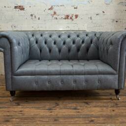 Vintage Grey Leather 2 Seater Chesterfield Sofa, British Handmade - thumbnail 3