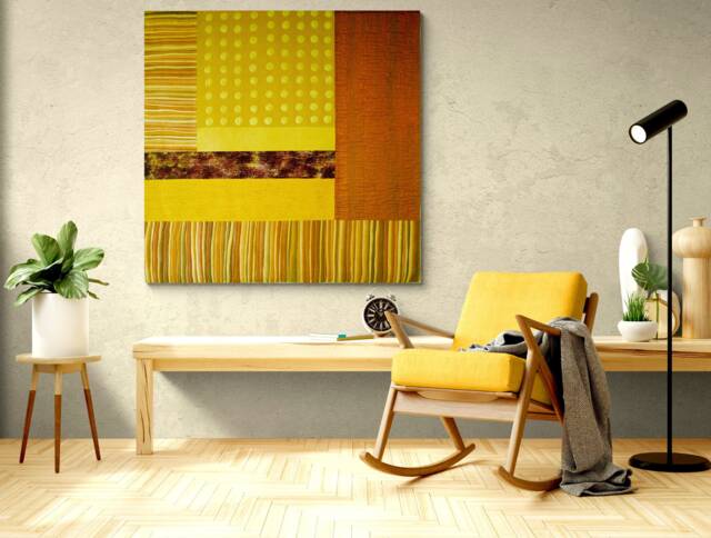 Yellow Silk Quilt Art Japandi Fiber Wall Hanging - 54x56 - image 1