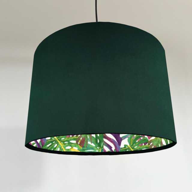 Green Velvet Drum Lampshade, Double Sided Lampshade With Multicoloured Leaves Interior, Ceiling Light Shade - image 1