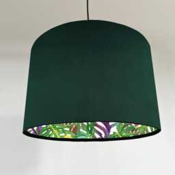 Green Velvet Drum Lampshade, Double Sided Lampshade With Multicoloured Leaves Interior, Ceiling Light Shade - thumbnail 1