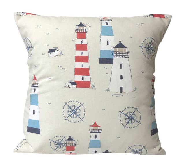 "Fryetts Lundy Nautical Lighthouse Red Blue Seaside Cushion Covers 16"" 18"" 20"" 22" - image 1