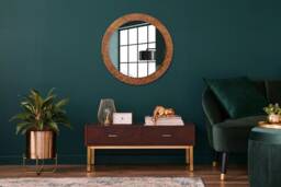 Oak Wood, Orange, Round Mirror Frame, Design, Glass Wall Decor, Living Room